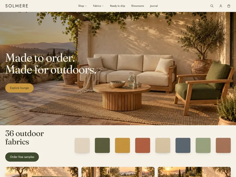 Veranda style: a full-width terrace photo with cream and olive tones for an outdoor furniture brand.