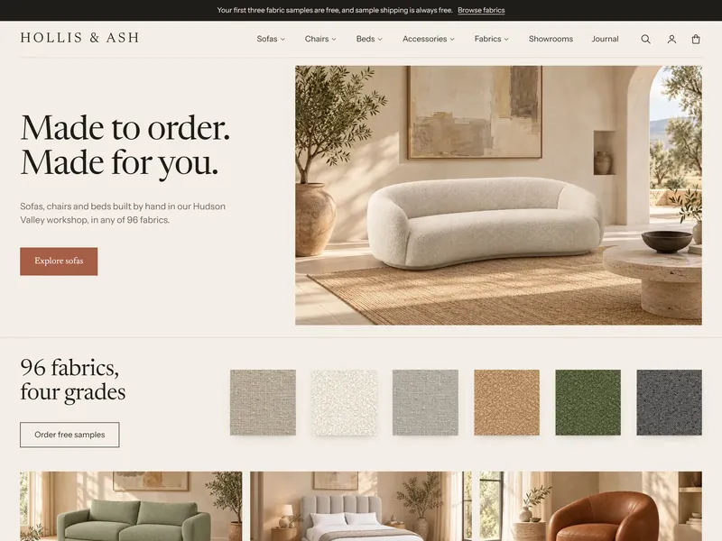 Weft style: warm paper tones and serif headings for an upholstery brand.