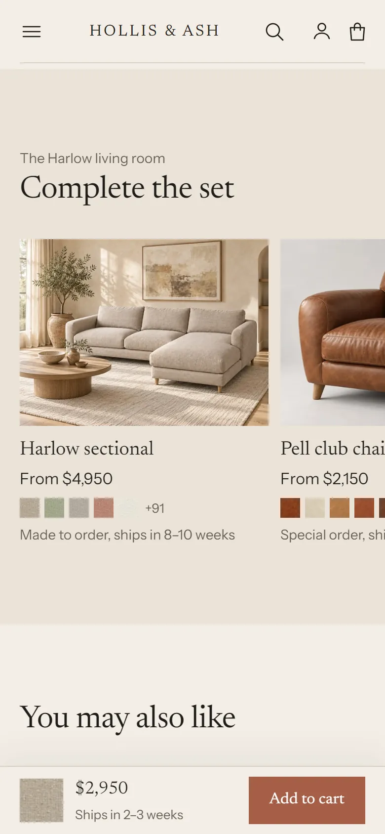 Complete the set on a phone: "The Harlow living room" above the heading, then cards for the Harlow sectional and the Pell club chair with their lead times. The sticky add to cart bar is at the bottom.