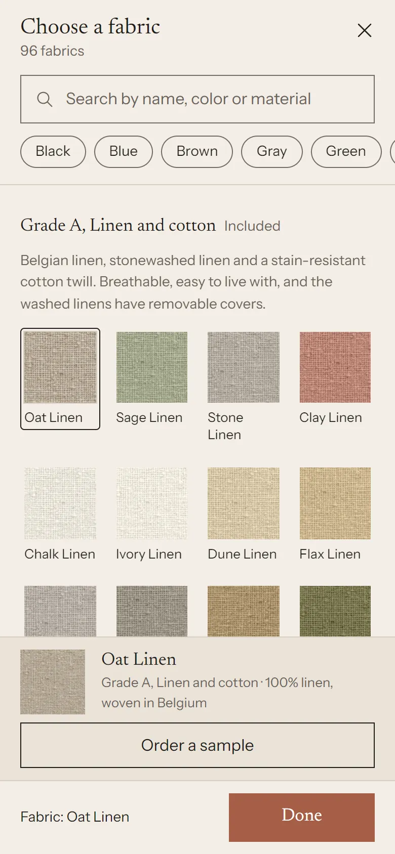 The fabric panel on a phone: search, color chips, Grade A swatches and a sample button for the selected fabric