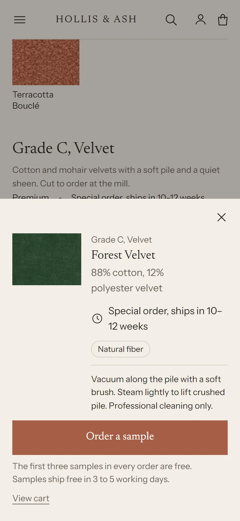 The fabric library on a phone with the preview sheet open