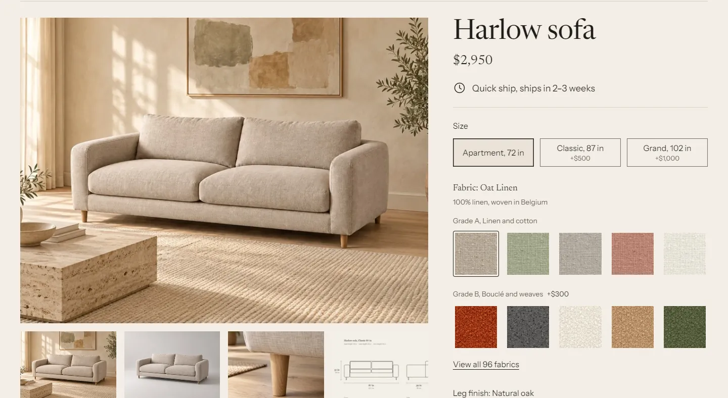 Harlow sofa product page with Grade A and Grade B swatch rows, the Grade B price difference and a "View all 96 fabrics" link