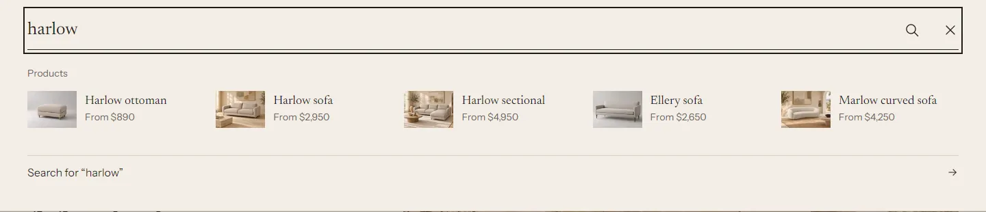 The predictive search panel: products for "harlow" with prices, and a link to all results
