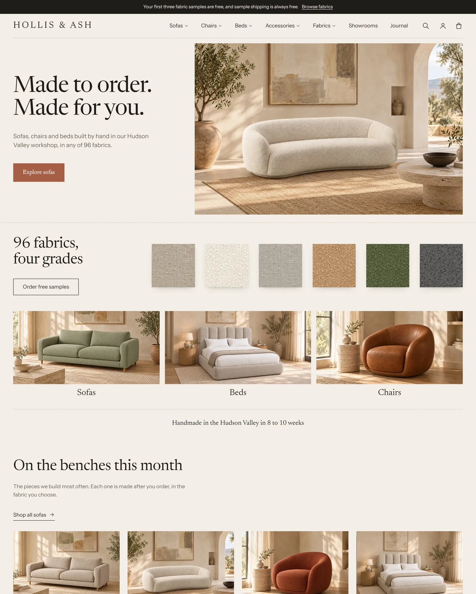 The Weft style home page: split hero, fabric strip and category cards