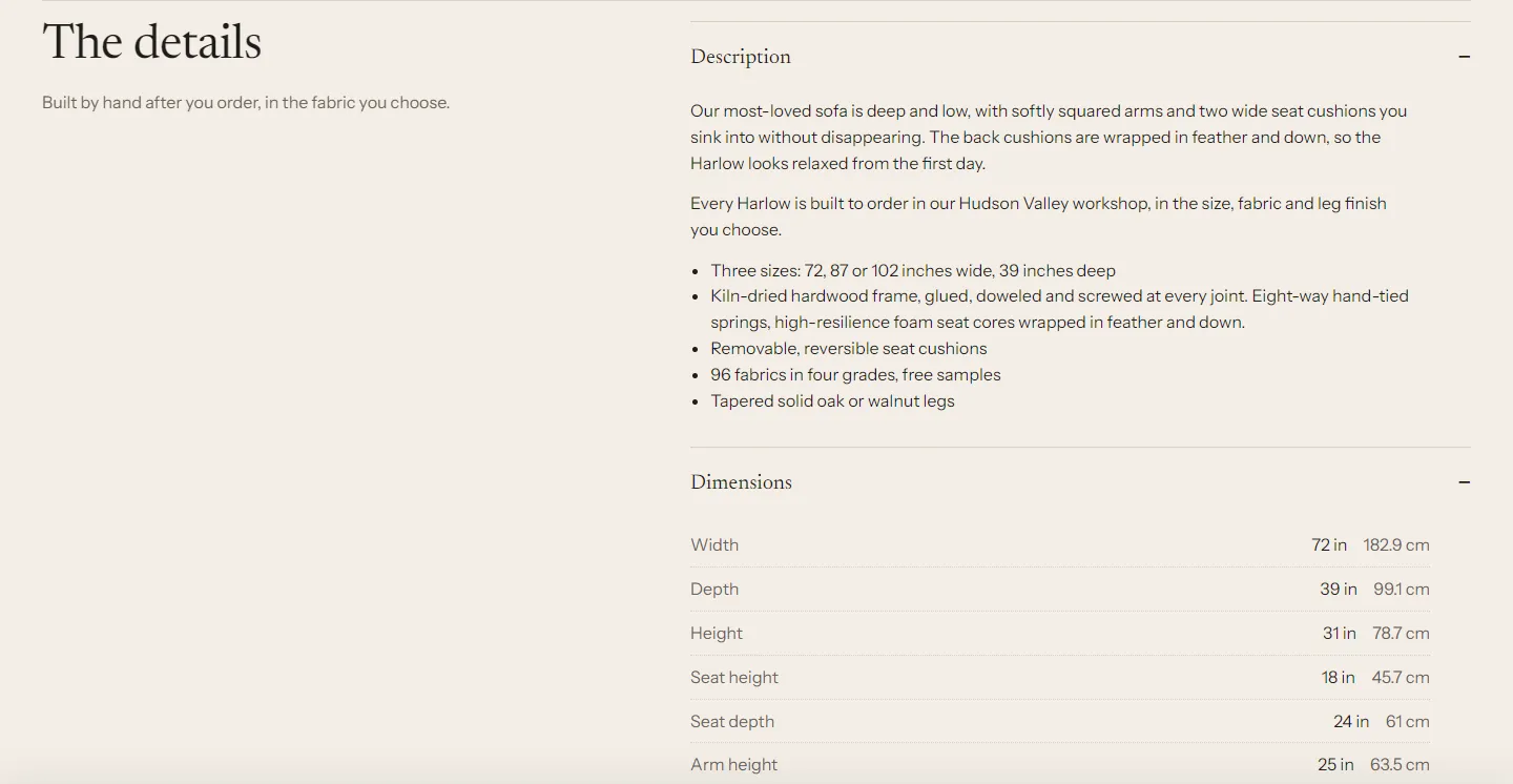 The Product details section: "The details" heading on the left, and on the right the Description row and the Dimensions row with width, depth, height, seat height, seat depth and arm height in inches and centimeters