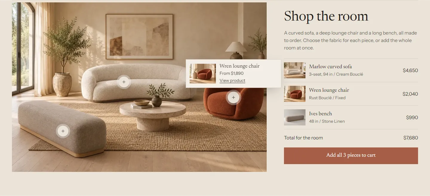 Shop the room: a living room photo with three dots, a card open for the Wren lounge chair, and a list of three products with "Add all 3 pieces to cart"